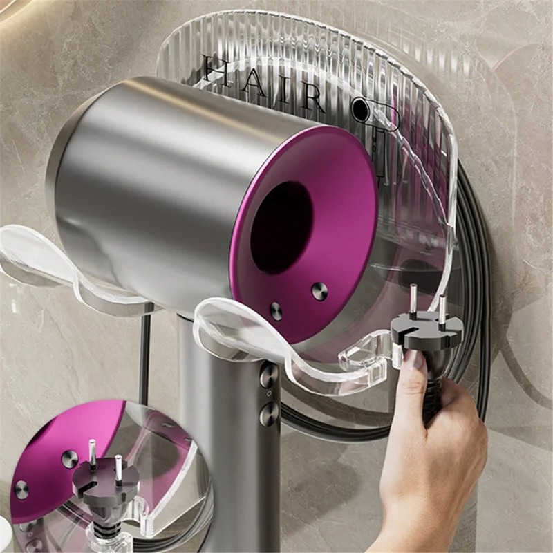 PS+ABS Bathroom Hair Dryer Storage Rack Punch Free Wall-Mounted Hanger - Transparent