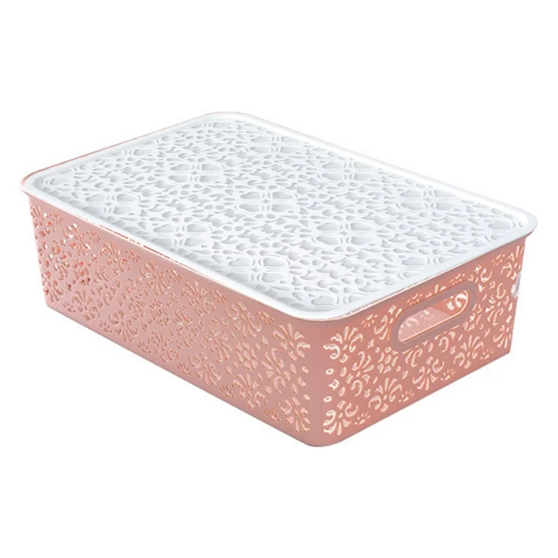Office Home Organizer Box Basket Hollow-Out PP Storage Bin, Size: L - Pink