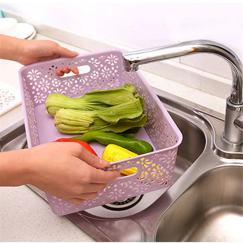 Office Home Organizer Box Basket Hollow-Out PP Storage Bin, Size: L - Pink
