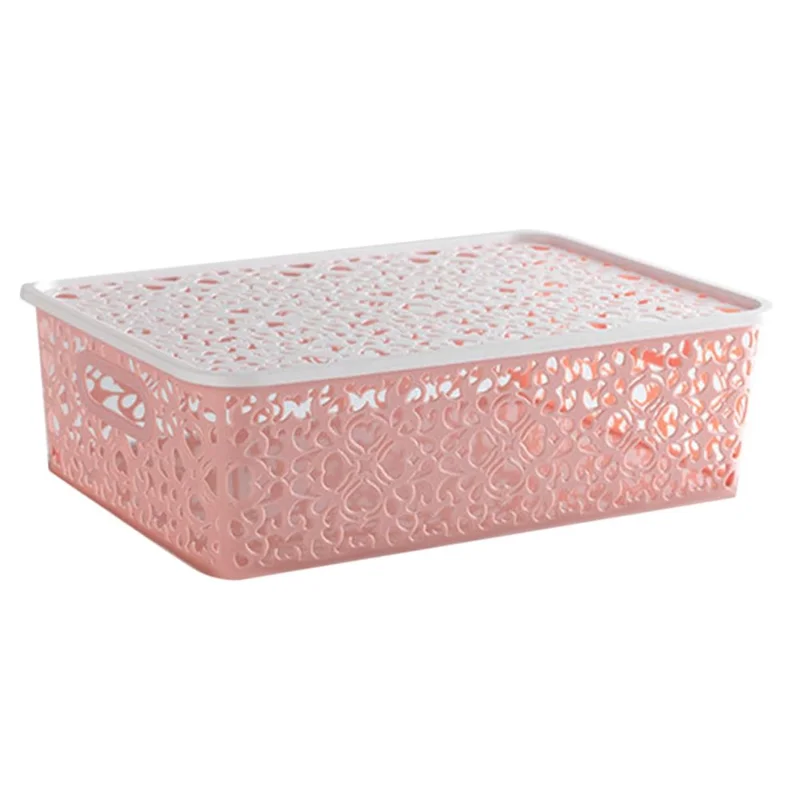 Office Home Organizer Box Basket Hollow-Out PP Storage Bin, Size: L - Pink