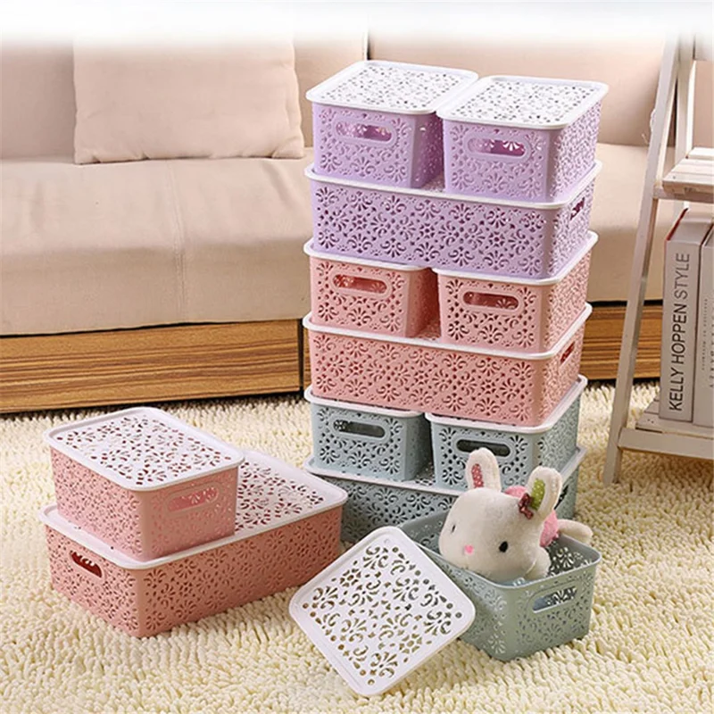 PP Basket Hollow-Out Storage Bin Home Organizer Box, Size: S - Pink