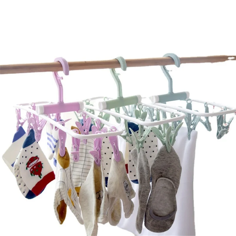 Foldable PP Drying Rack with 12 Clips for Socks, Bras, Towels - Blue