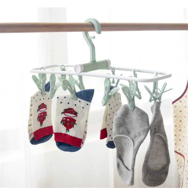 Foldable PP Drying Rack with 12 Clips for Socks, Bras, Towels - Blue