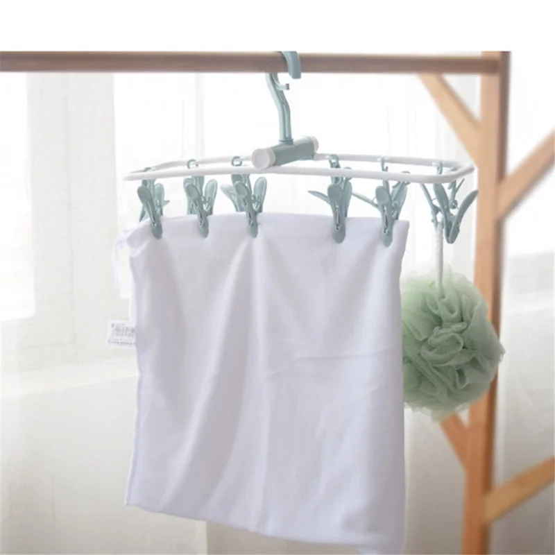 Foldable PP Drying Rack with 12 Clips for Socks, Bras, Towels - Blue