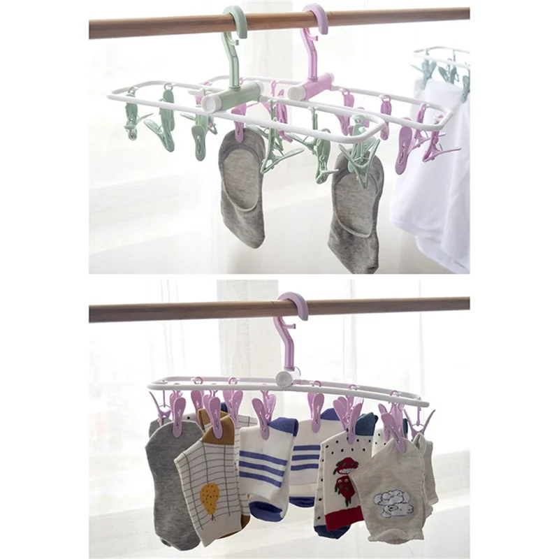 Foldable PP Drying Rack with 12 Clips for Socks, Bras, Towels - Blue