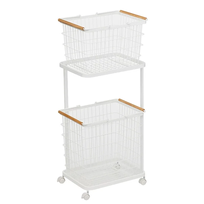 2 Tier Storage Cart Laundry Clothes Basket Metal Shelving Unit with Wheels - White