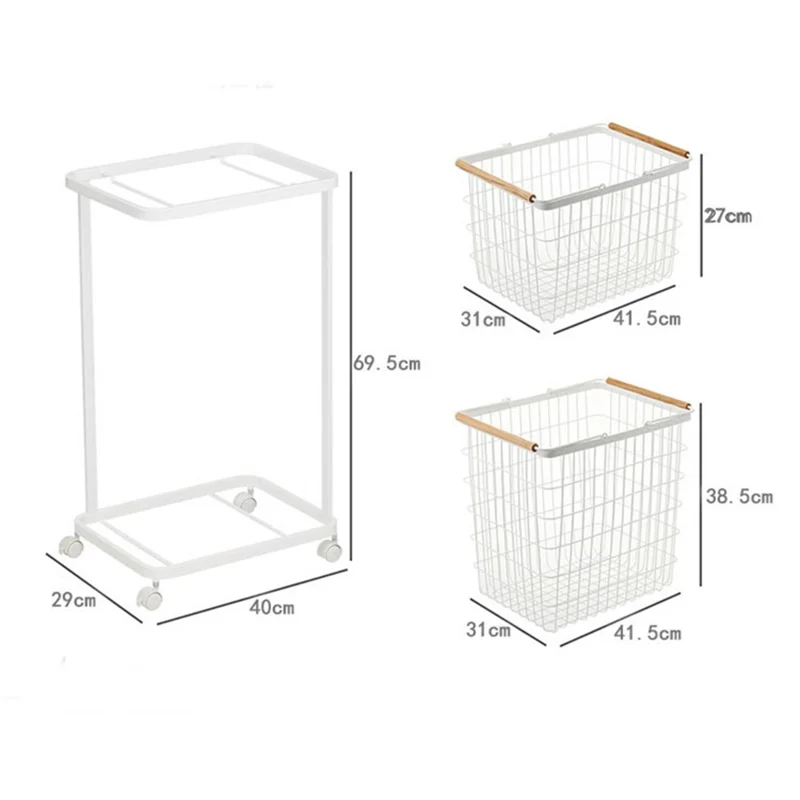 2 Tier Storage Cart Laundry Clothes Basket Metal Shelving Unit with Wheels - White