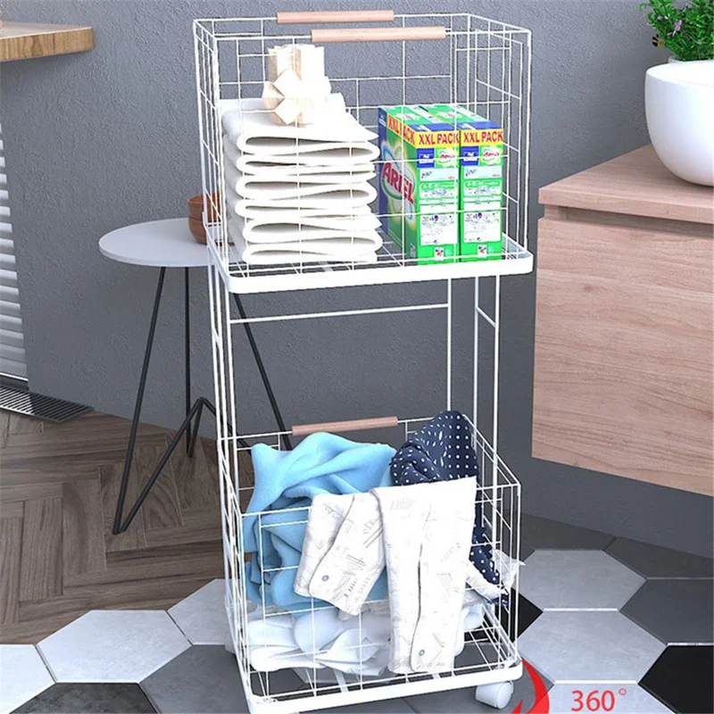 2 Tier Storage Cart Laundry Clothes Basket Metal Shelving Unit with Wheels - White