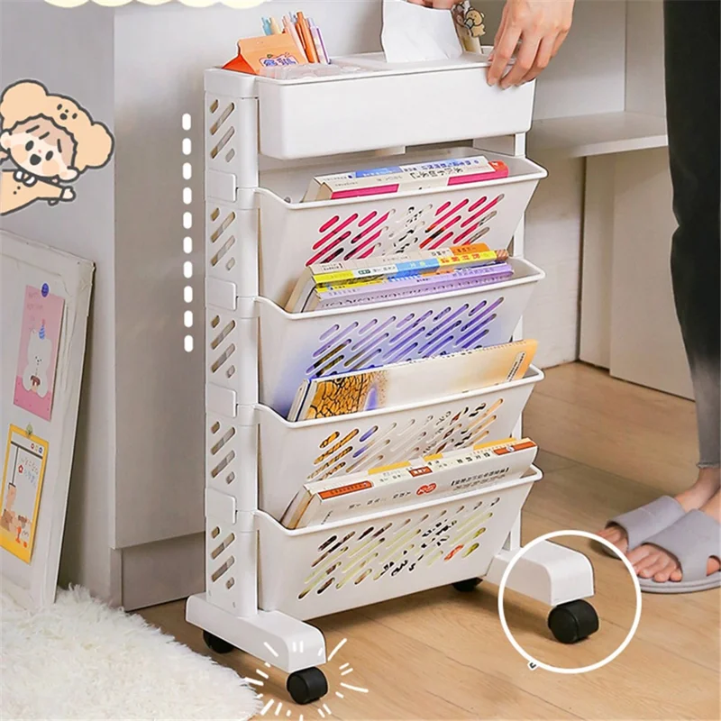 5-Tier Plastic Book Shelf with Wheels Tissue Box Design Hollow Storage Trolley