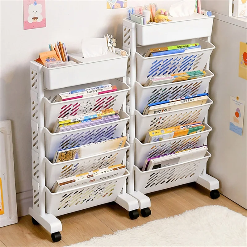 5-Tier Plastic Book Shelf with Wheels Tissue Box Design Hollow Storage Trolley