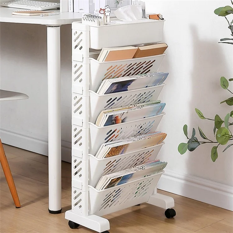 6-Tier Hollow Storage Trolley Tissue Box Design Plastic Book Shelf with Wheels