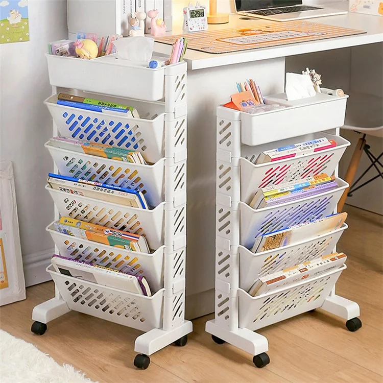 6-Tier Hollow Storage Trolley Tissue Box Design Plastic Book Shelf with Wheels