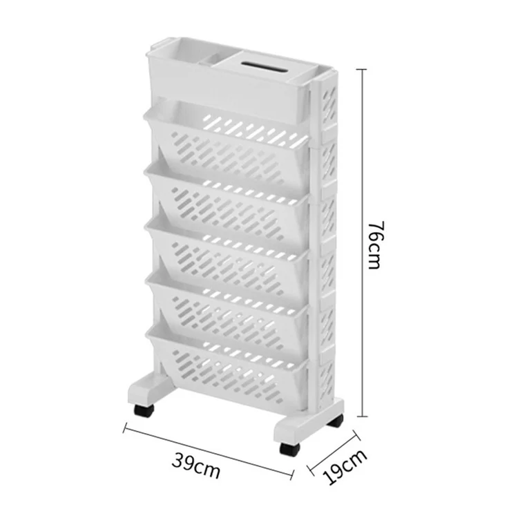 6-Tier Hollow Storage Trolley Tissue Box Design Plastic Book Shelf with Wheels