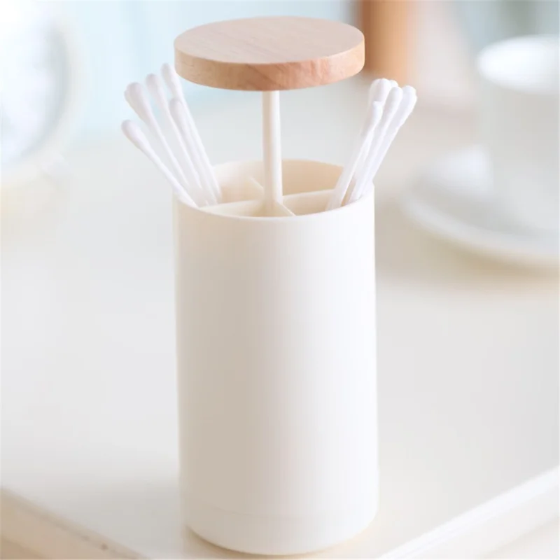 Hand Press Toothpick Dispenser Box PP+Beechwood Cotton Swabs Holder Can