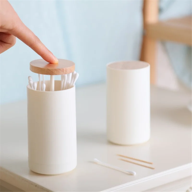 Hand Press Toothpick Dispenser Box PP+Beechwood Cotton Swabs Holder Can