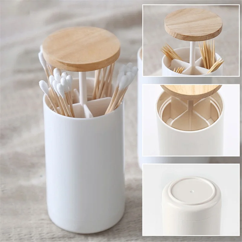 Hand Press Toothpick Dispenser Box PP+Beechwood Cotton Swabs Holder Can