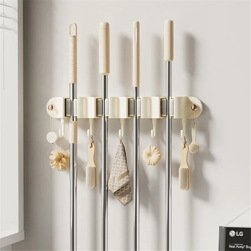 Plastic Mop Holder Wall Mounted Broom Organizer Hook 4 Slots Storage Rack - Beige