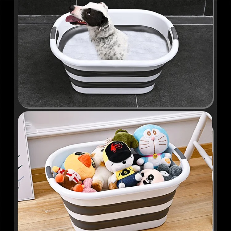 Portable Clothing Storage Container PP+TPR Space Saving Folding Laundry Basket, Size L - White+Grey
