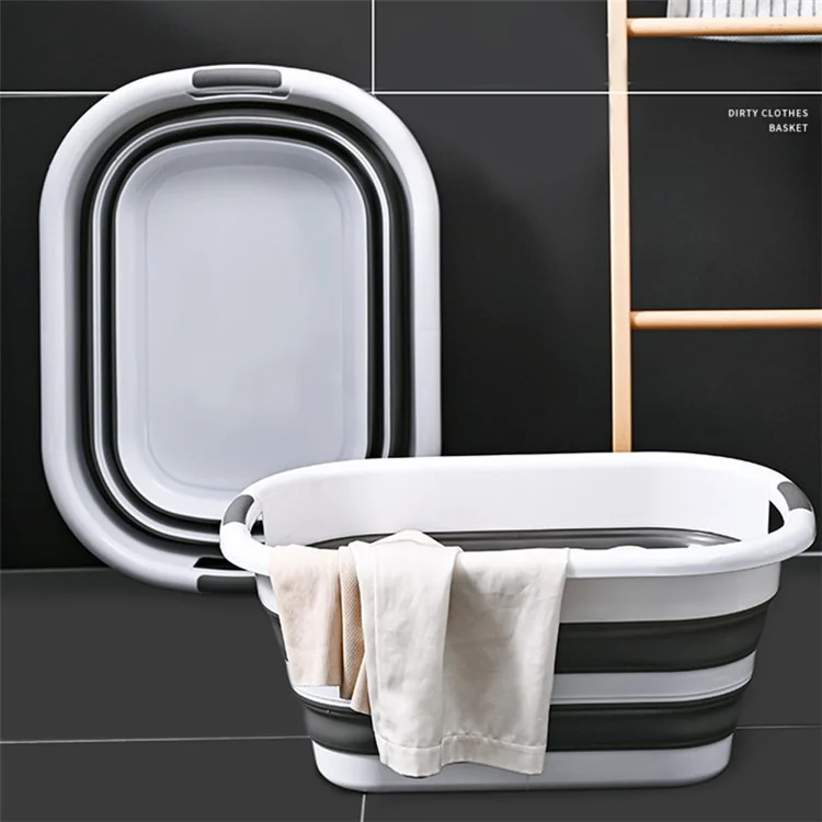 Portable Clothing Storage Container PP+TPR Space Saving Folding Laundry Basket, Size L - White+Grey