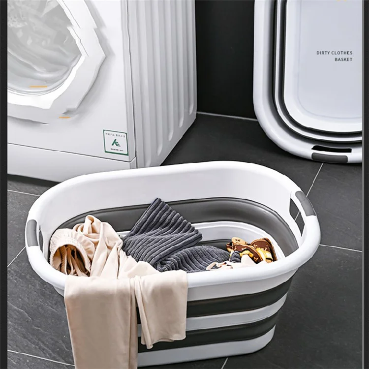 Portable Clothing Storage Container PP+TPR Space Saving Folding Laundry Basket, Size L - White+Grey