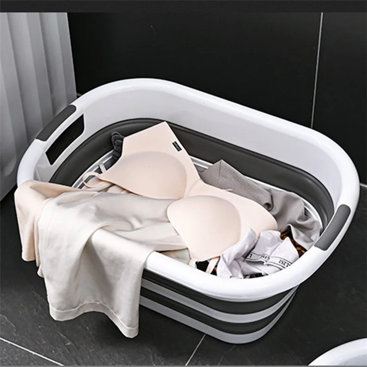 Portable Clothing Storage Container PP+TPR Space Saving Folding Laundry Basket, Size L - White+Grey