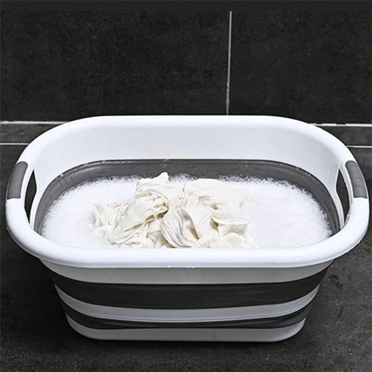 Portable Clothing Storage Container PP+TPR Space Saving Folding Laundry Basket, Size L - White+Grey