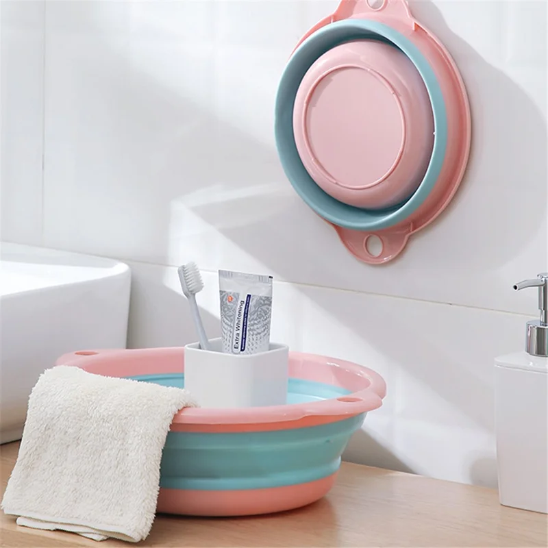 Thicken PP+TPR Collapsible Round Basin Space Saving Multipurpose Washbasin, Size S - Pink