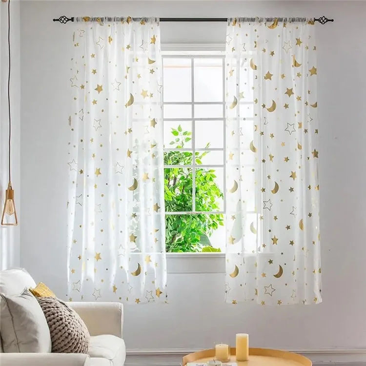 1x1.3m Star and Moon Hot Stamping Sheer Curtain for Home, Bedroom, Living Room - Gold