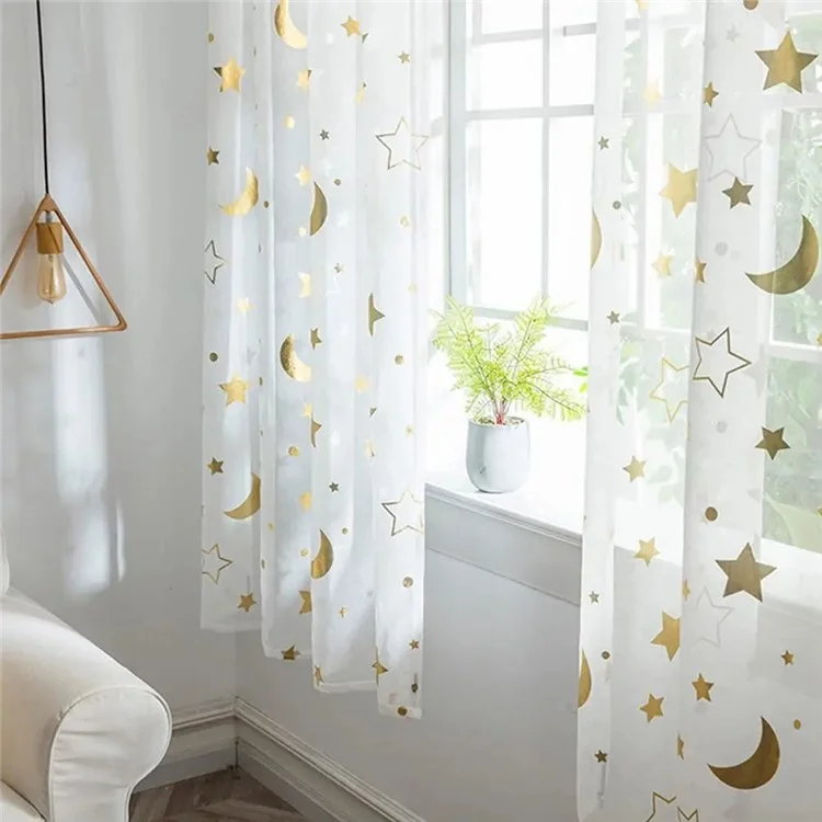 1x1.3m Star and Moon Hot Stamping Sheer Curtain for Home, Bedroom, Living Room - Gold