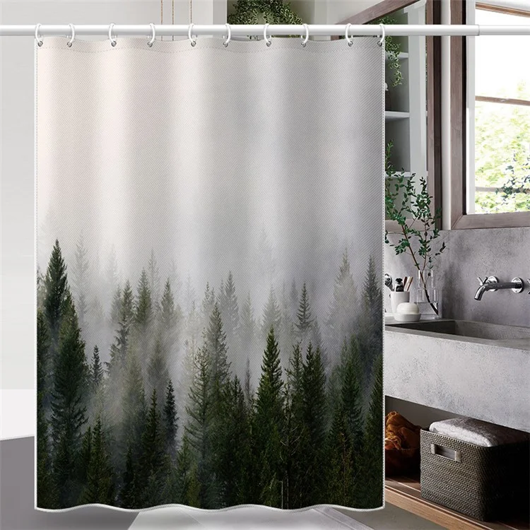 LB-344 180x180cm Mist Pine Forest Pattern Bath Curtain Waterproof Polyester Shower Curtains