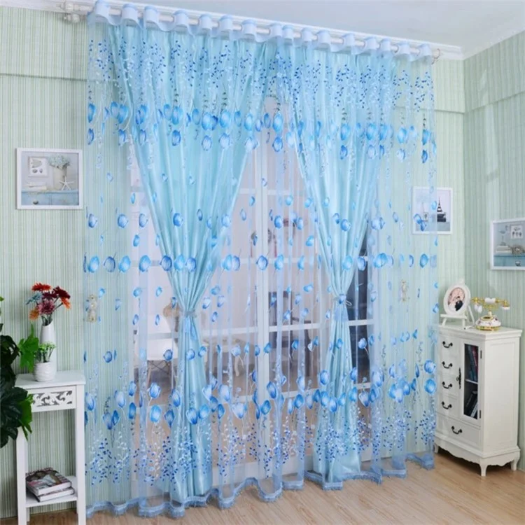 Tulip Pattern Filtering Light Sheer Curtain Divider Para Quarto, 1x2.7m - Azul