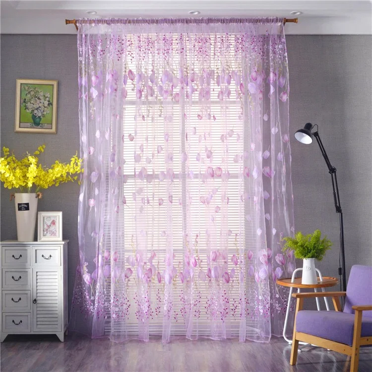 Tulip Pattern Light-Filtering Sheer Curtain Divider for Bedroom, 1x2.7m - Purple