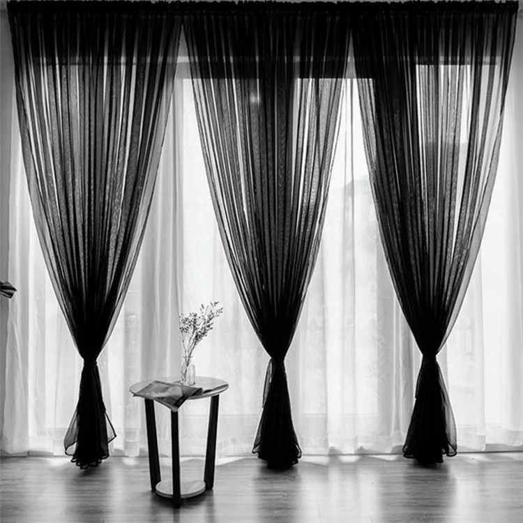 Cortina de Voile Colorida de Poliéster para Quarto e Sala de Estar, 1x2m - Preto