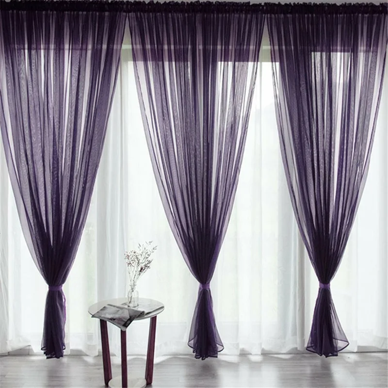 1x2.7m Polyester Sheer Curtain Solid Color Curtains for Bedroom, Living Room - Dark Purple