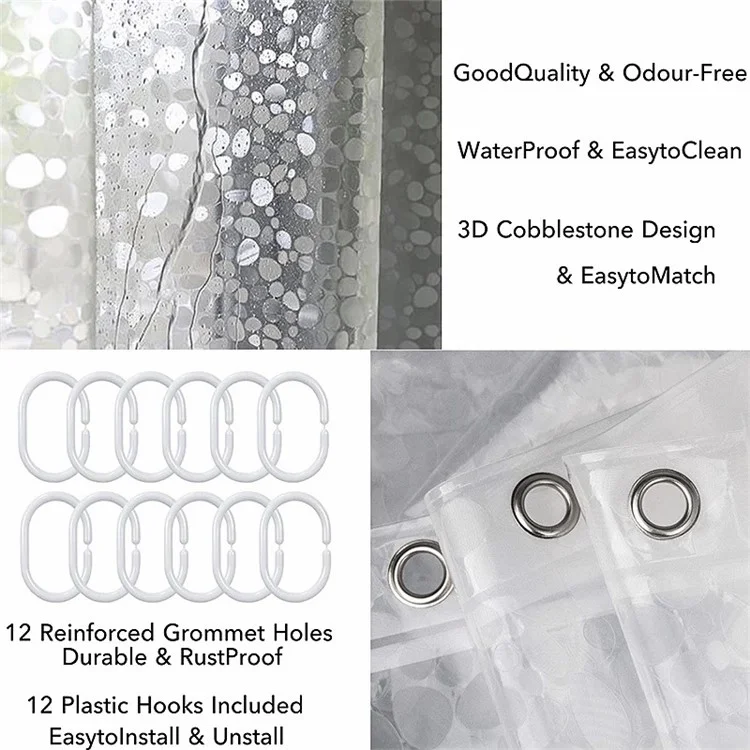 8001 PEVA 3D Pattern Shower Curtain with Steel Hooks for Bathroom, 180x180cm - Cobblestone