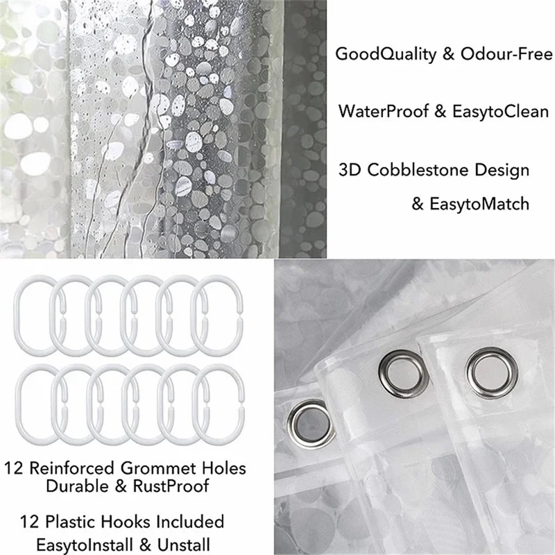 8001 PEVA 3D Pattern Shower Curtain with Steel Hooks for Bathroom, 180x180cm - Peephole