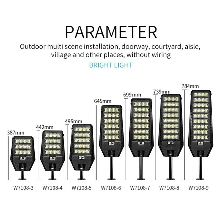 Lâmpada de Jardim Residencial de Alta Luminosidade W7208-7 com Sensor de Movimento Humano e Energia Solar (7 Fileiras)
