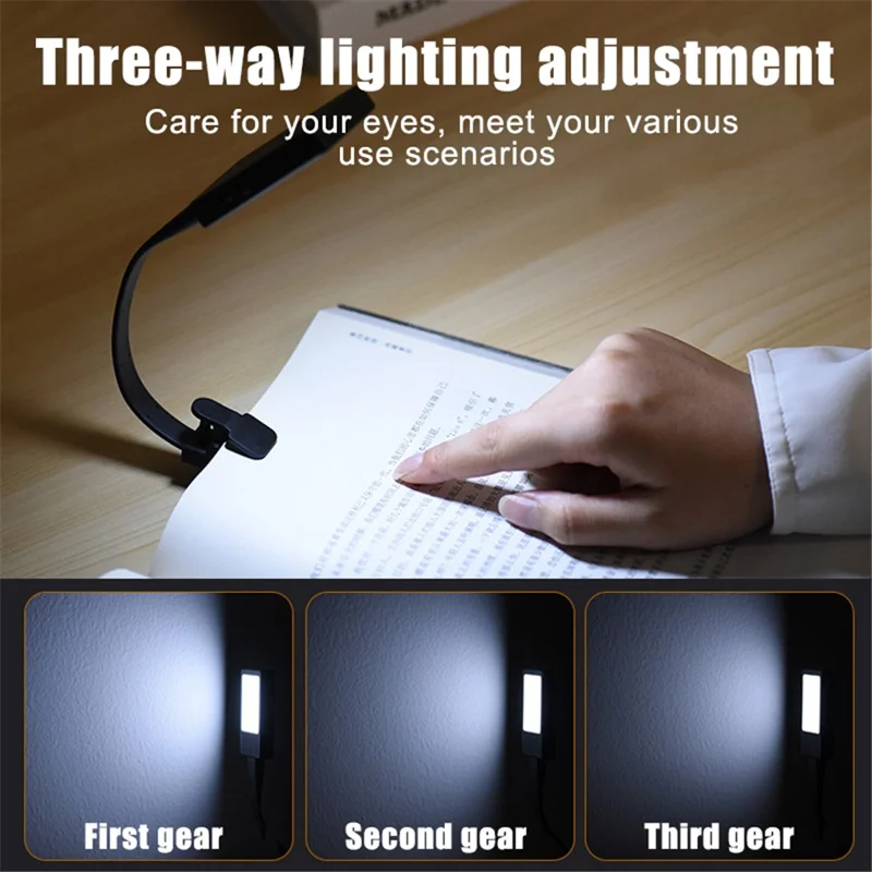 USB Rechargeable Reading Light Lamp Goose Neck Clip On LED Book Light - Black