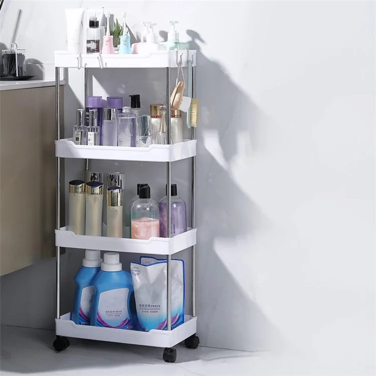 PP+Stainless Steel Storage Cart 4-Tier Bathroom Organizer Shelf with Wheels (Widened Style) - White