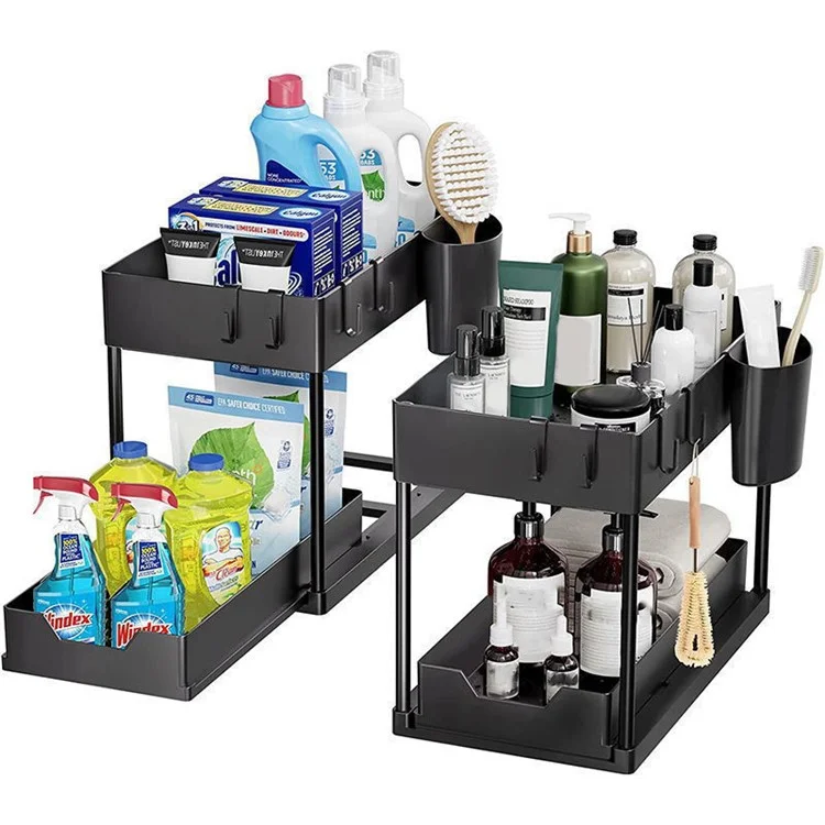 2 pièces Multi-Function Pull-Out Storage Rack PP+Metal Double Layer Shelf + Porte-baguettes