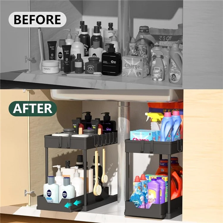 2 pièces Multi-Function Pull-Out Storage Rack PP+Metal Double Layer Shelf + Porte-baguettes