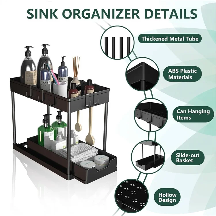 2 pièces Multi-Function Pull-Out Storage Rack PP+Metal Double Layer Shelf + Porte-baguettes
