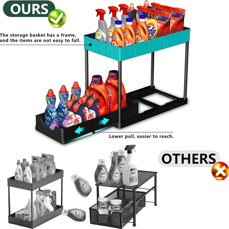 2 pièces Multi-Function Pull-Out Storage Rack PP+Metal Double Layer Shelf + Porte-baguettes