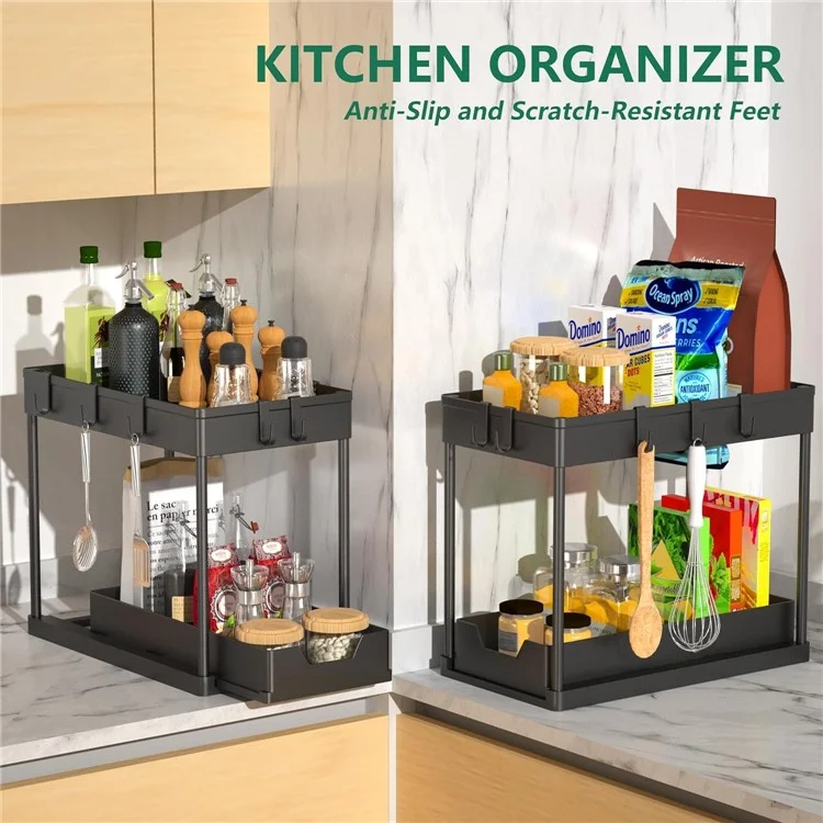 2 pièces Multi-Function Pull-Out Storage Rack PP+Metal Double Layer Shelf + Porte-baguettes