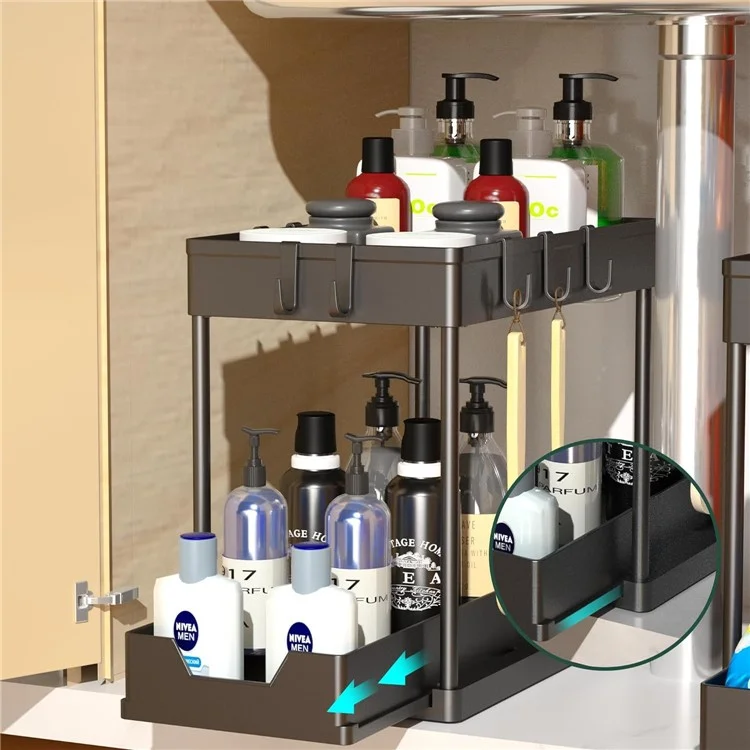 2 pièces Multi-Function Pull-Out Storage Rack PP+Metal Double Layer Shelf + Porte-baguettes