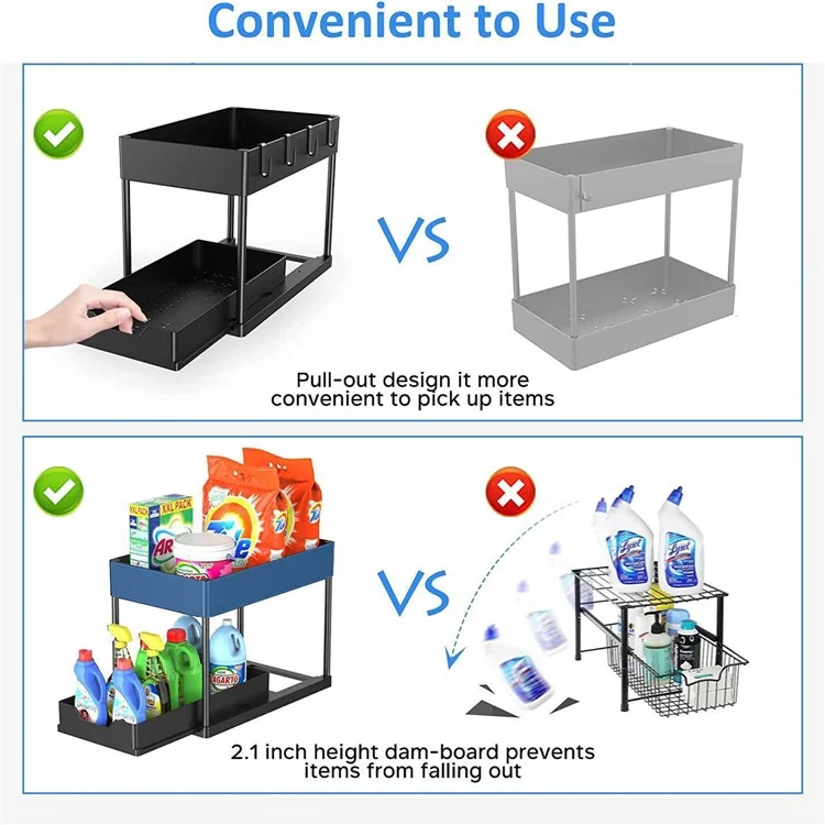 2 pièces Multi-Function Pull-Out Storage Rack PP+Metal Double Layer Shelf + Porte-baguettes