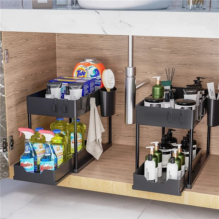 2 pièces Multi-Function Pull-Out Storage Rack PP+Metal Double Layer Shelf + Porte-baguettes