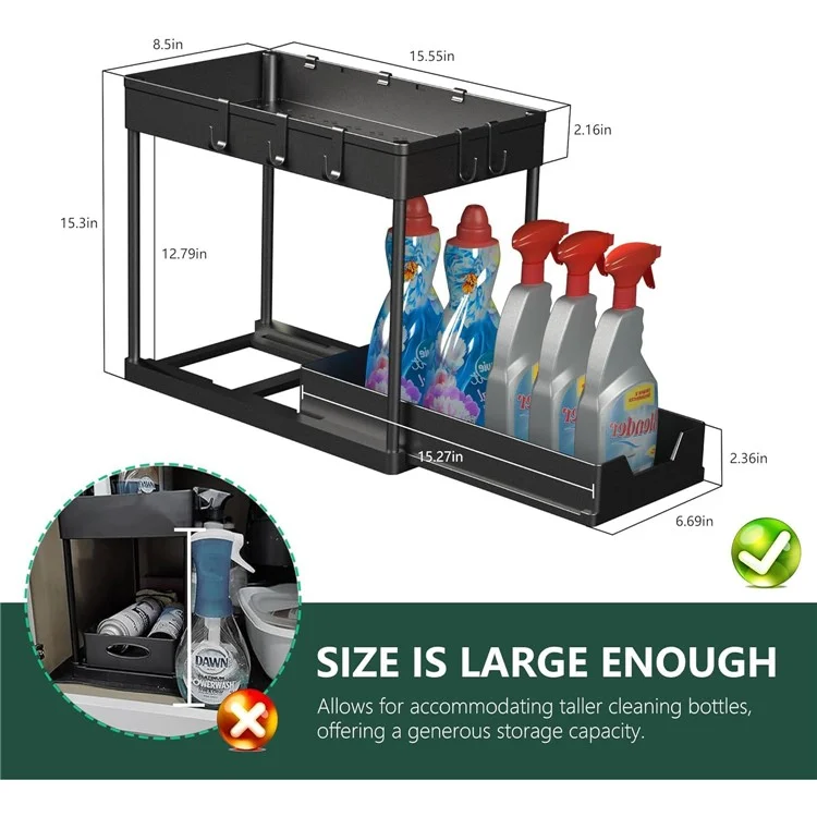 2 pièces Multi-Function Pull-Out Storage Rack PP+Metal Double Layer Shelf + Porte-baguettes