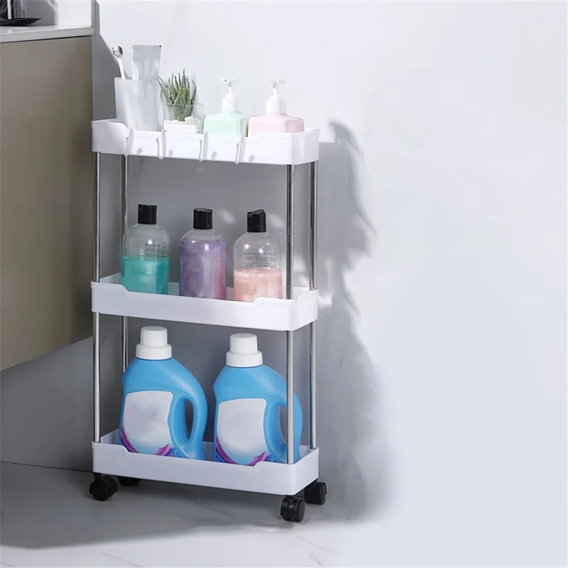 3-Layer 35x13x60cm Bathroom Utility Cart Mobile Trolley PP+Stainless Steel Storage Rack - White