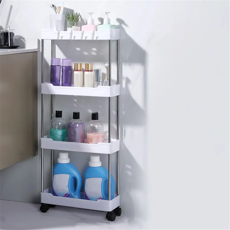 Scaffale da bagno a 4 ripiani in PP+acciaio inossidabile con ruote (stile stretto) - Bianco